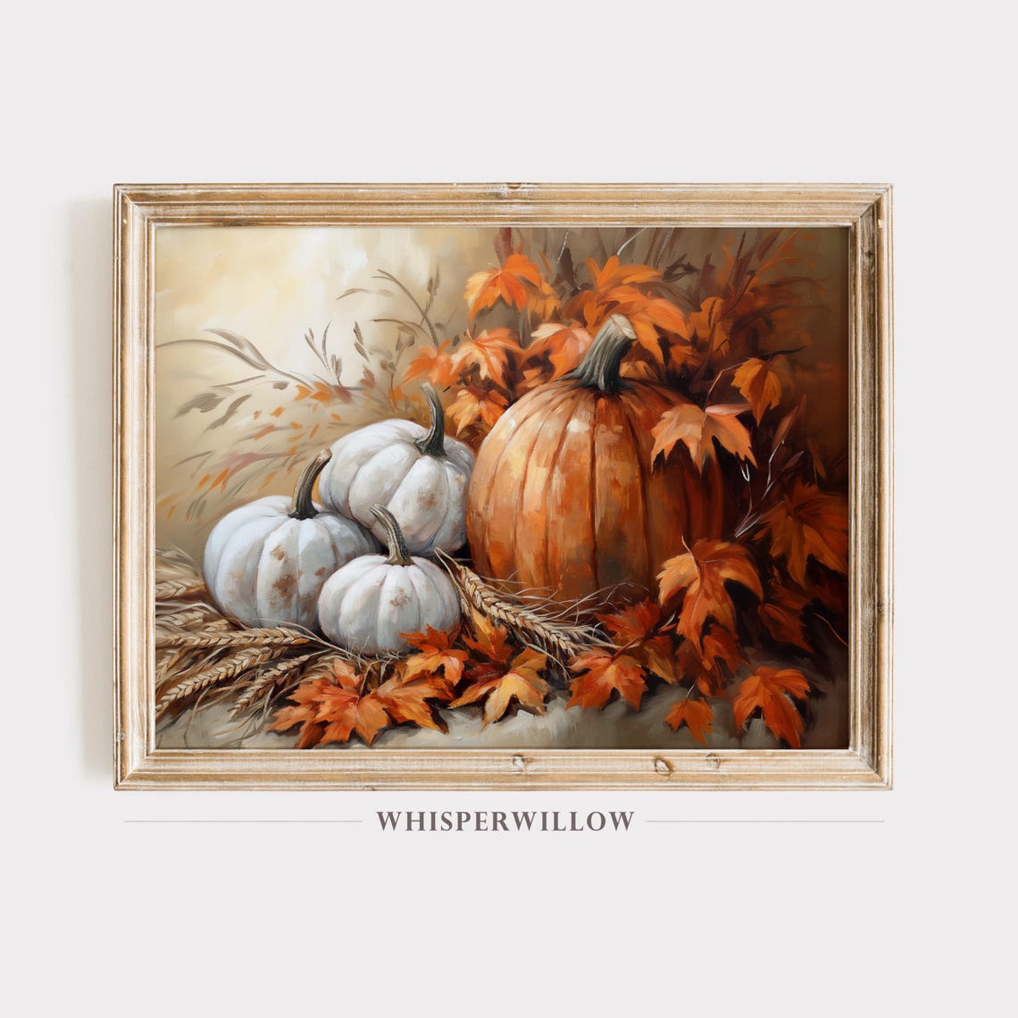 White and Orange Pumpkins with Autumn Leaves Vintage Style Poster