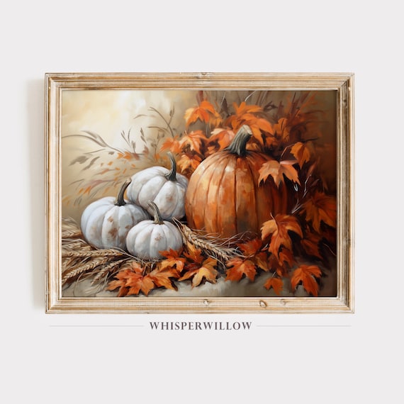 White and Orange Pumpkins with Autumn Leaves Vintage Style Poster