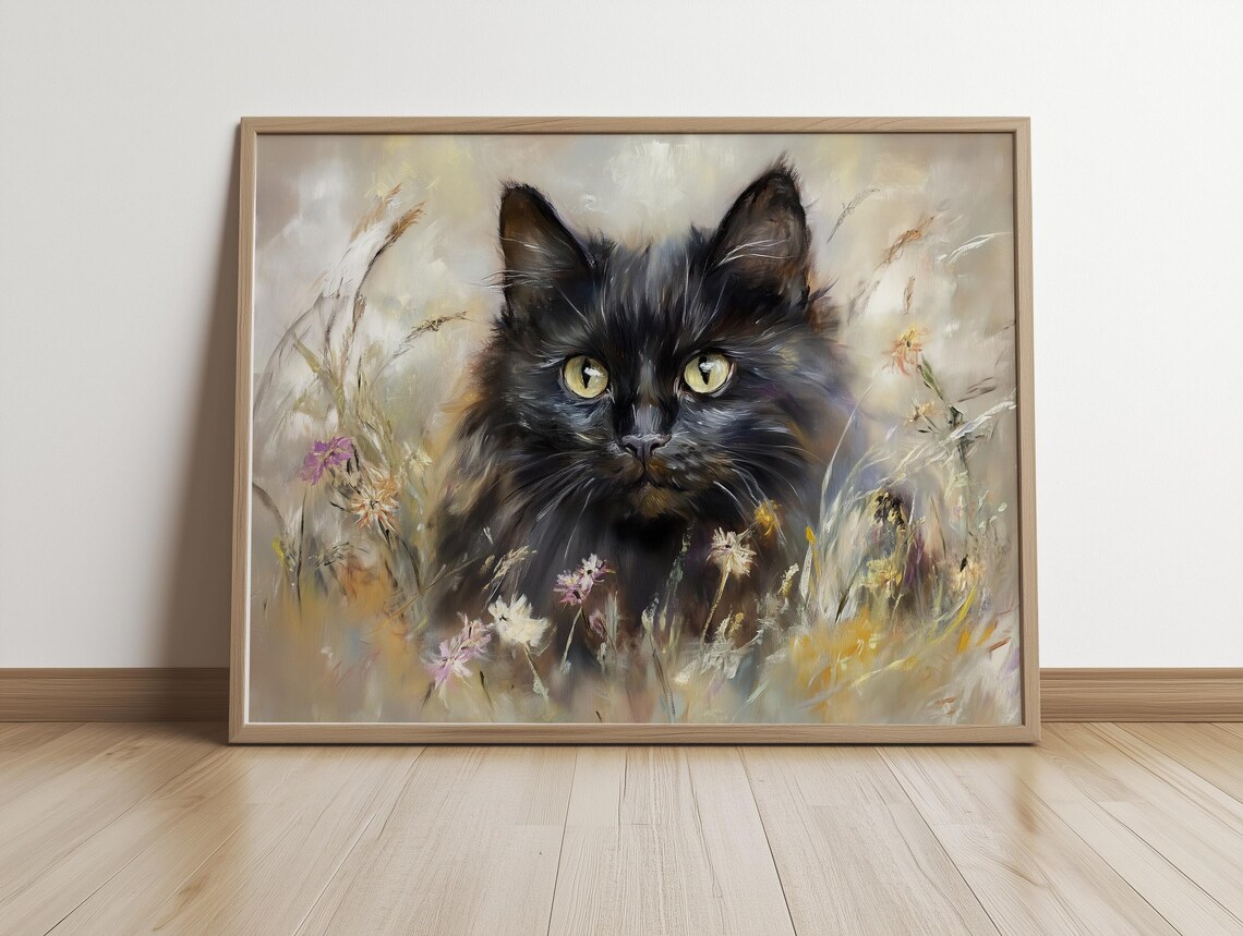 Fluffy Black Cat Portrait Among Wildflowers Oil Painting Poster - Image 5