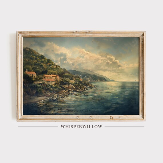 Mediterranean Coastal Village at Golden Hour Painting Poster
