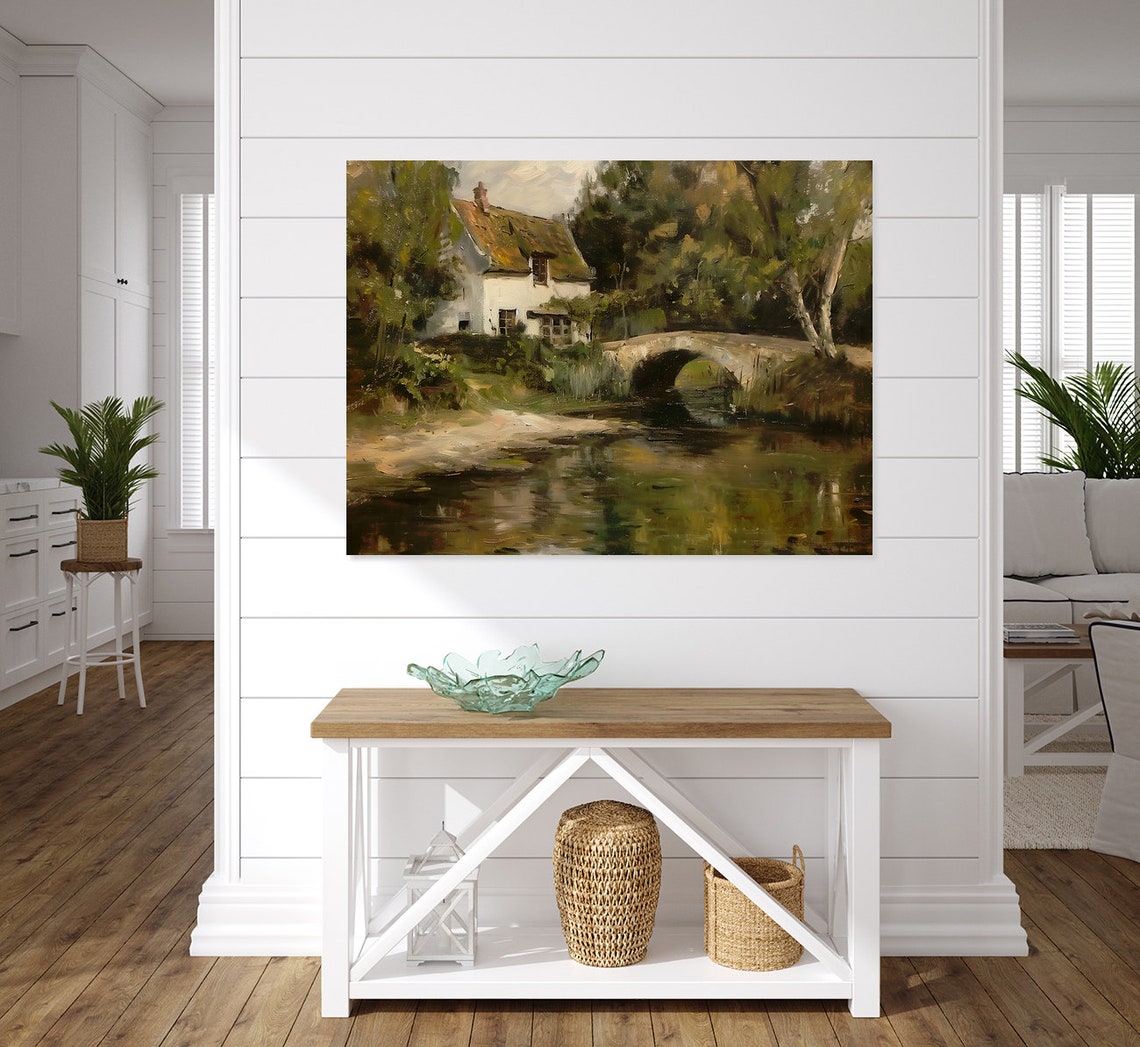 Thatched Cottage By River With Stone Bridge Vintage Landscape Poster - Image 2
