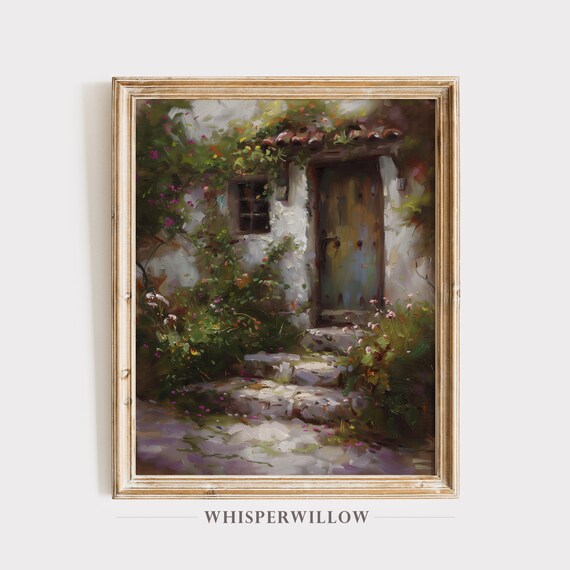 Rustic Old Cottage Door with Climbing Flowers Vintage Painting Poster