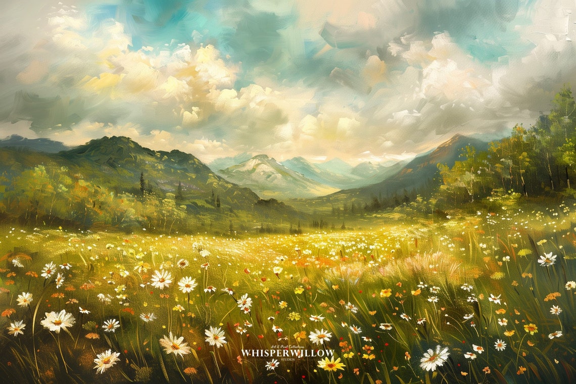 Daisy Wildflower Meadow With Mountains Bright Summer Scene Poster - Image 6