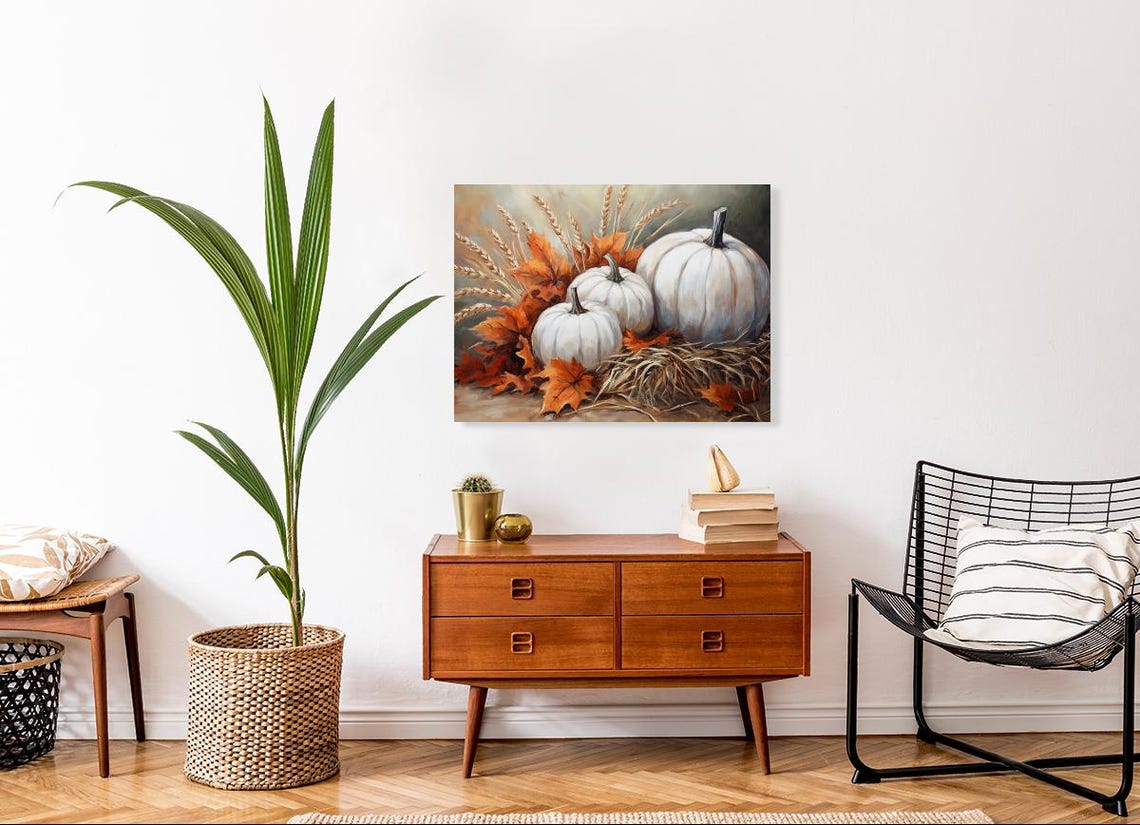 White Pumpkins Fall Arrangement Painting Wheat Harvest Poster - Image 4