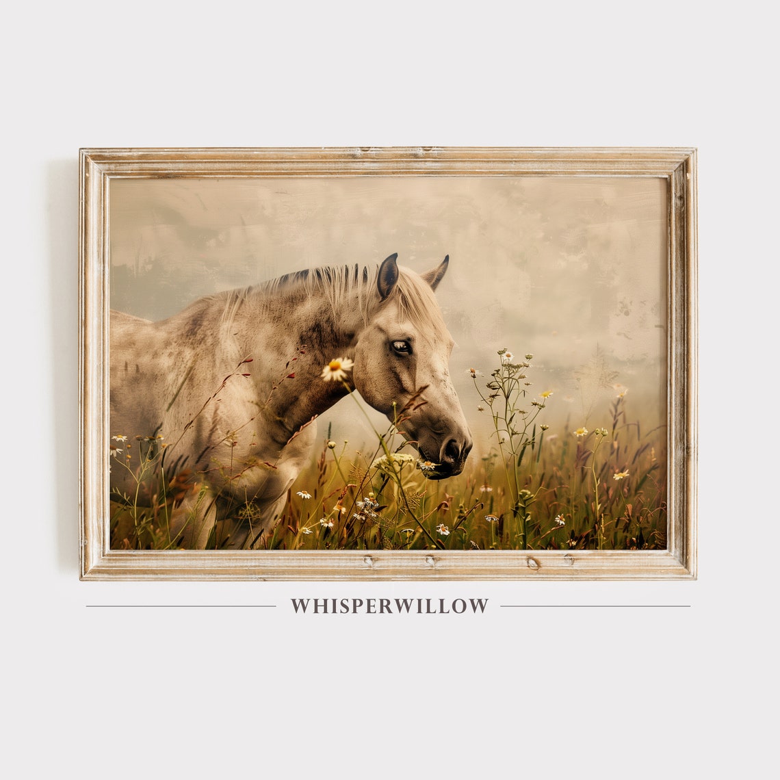 Cream Horse Grazing in Wildflower Meadow Vintage Style Poster
