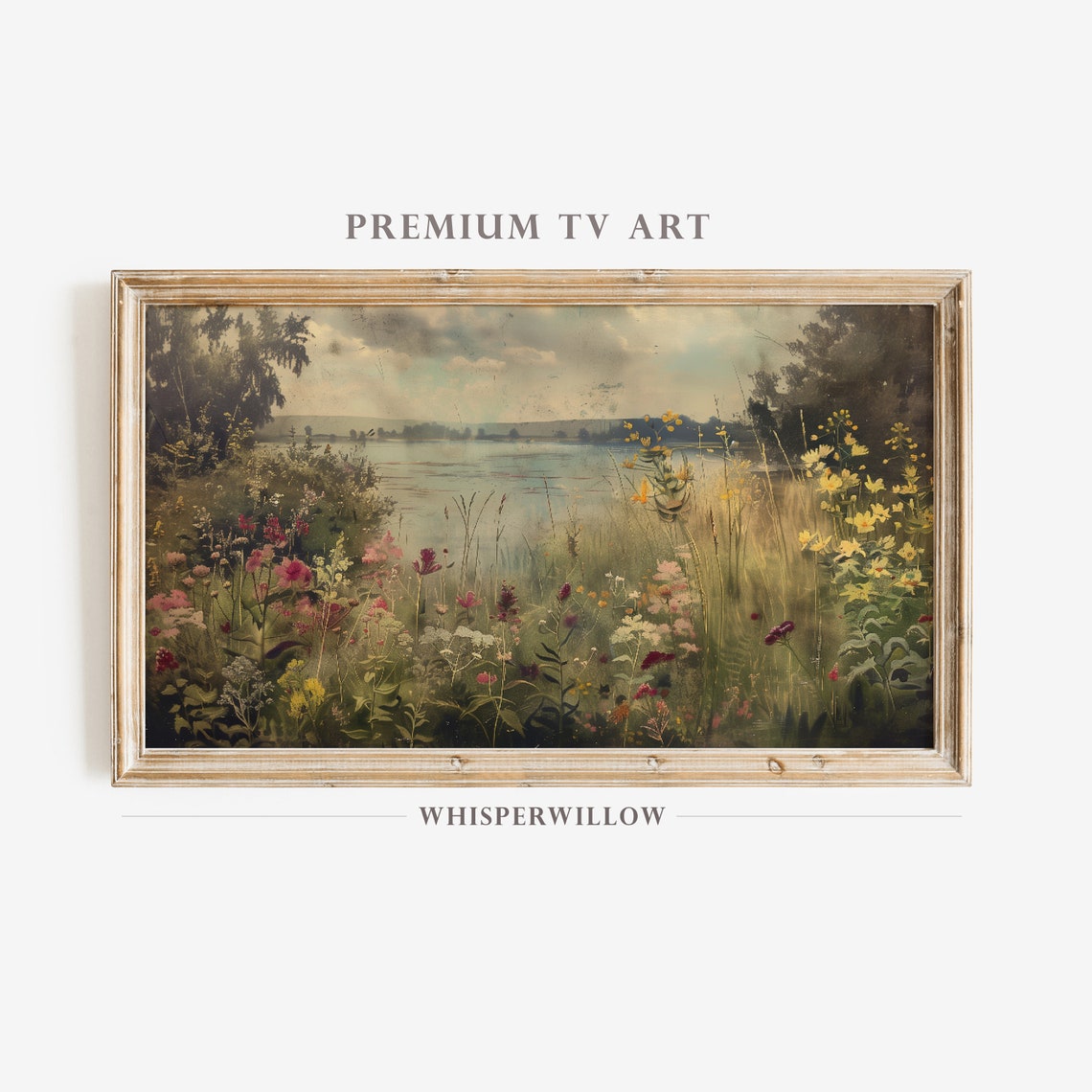 Vintage Summer Lake Wildflower Meadow Antique Landscape Oil Poster