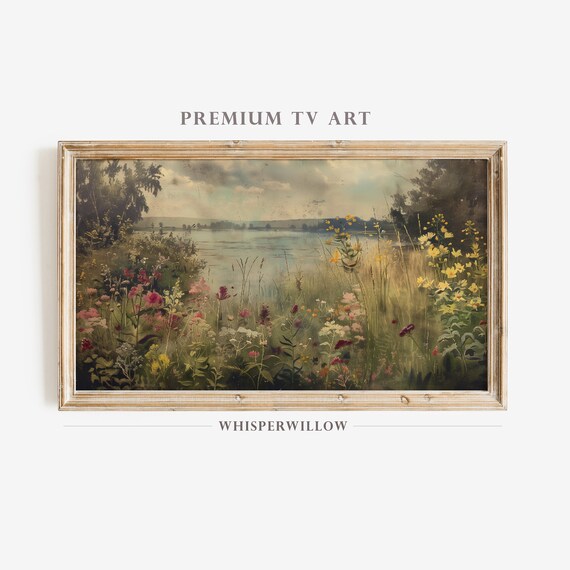 Vintage Summer Lake Wildflower Meadow Antique Landscape Oil Poster