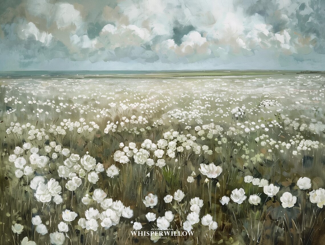 White Wildflowers Field Painting Cloudy Sky Scenic Floral Poster - Image 6