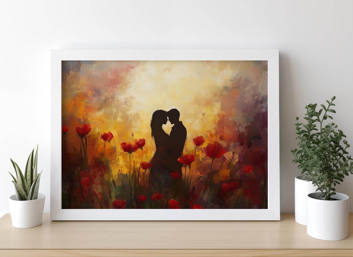 Couple Silhouette Kissing in a Red Poppy Field at Sunset Poster - Image 3