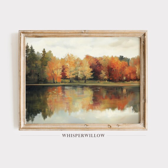 Autumn Lake Mirror Reflection Orange Foliage Vintage Painting Poster
