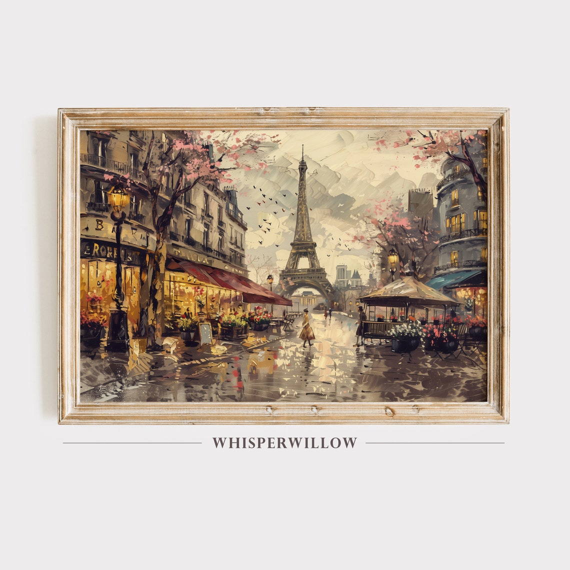Eiffel Tower Rainy Paris Street With Cafes Romantic Cityscape Poster