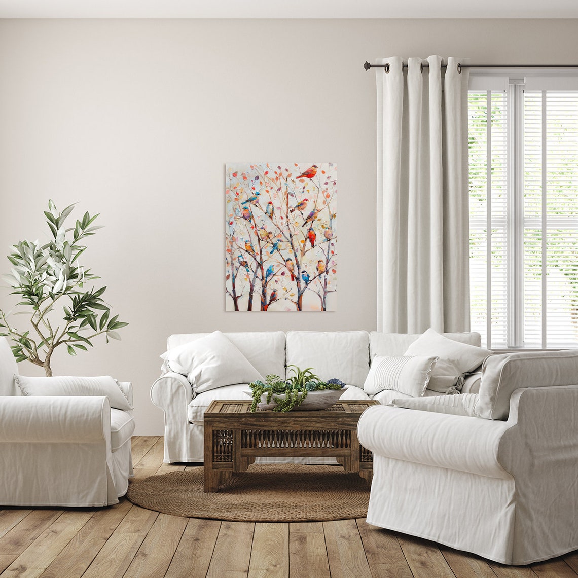 Colorful Birds Perched on Bare Branches Textured Oil Painting Poster - Image 2