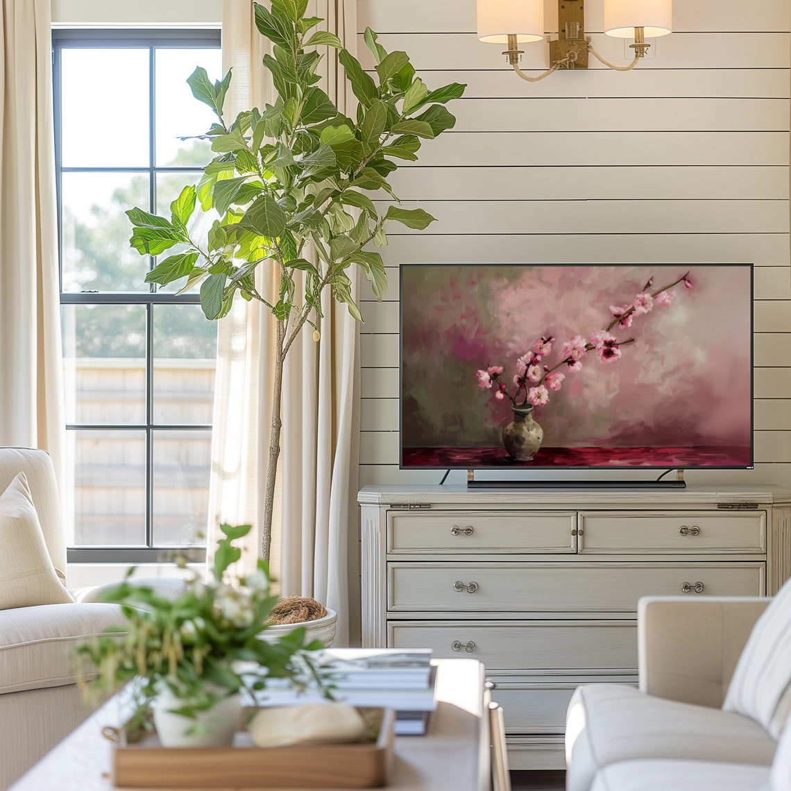 Pink Cherry Blossom Branch in a Rustic Vase Still Life Poster - Image 4