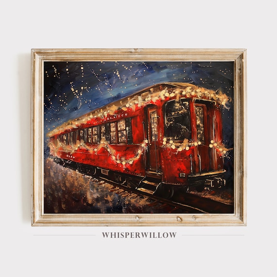Vintage Red Train Car Twinkle Lights Painting Streetcar Art Starry Night Sky Wall Decor Instant Print