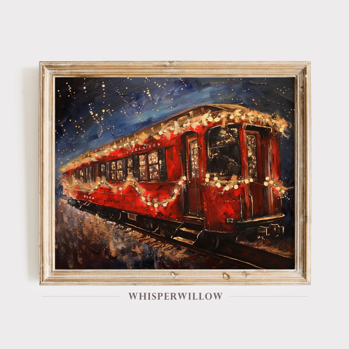 Red Vintage Train Car with Christmas Lights Festive Night Poster