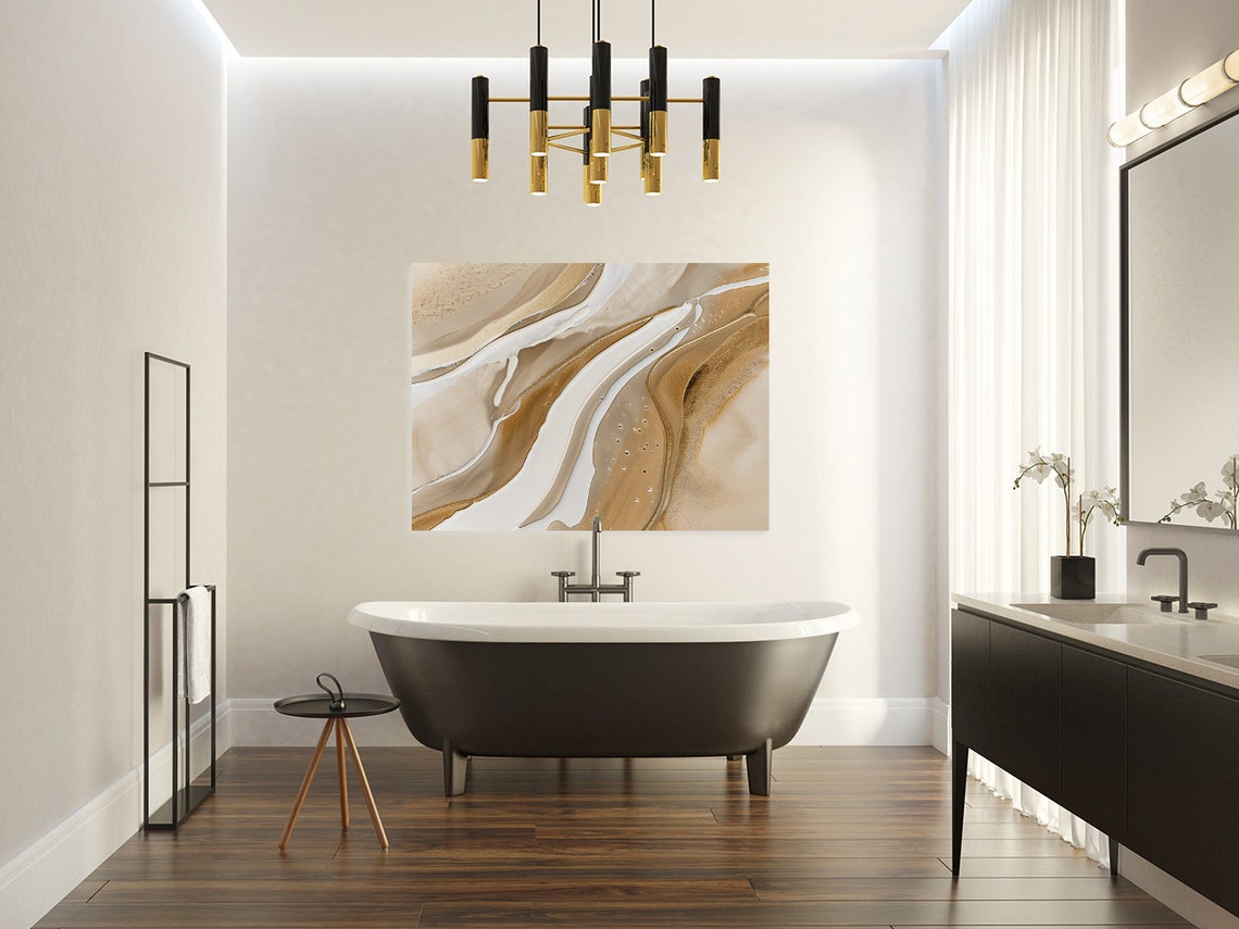 Gold and White Waves Abstract Painting Modern Minimalist Poster - Image 3