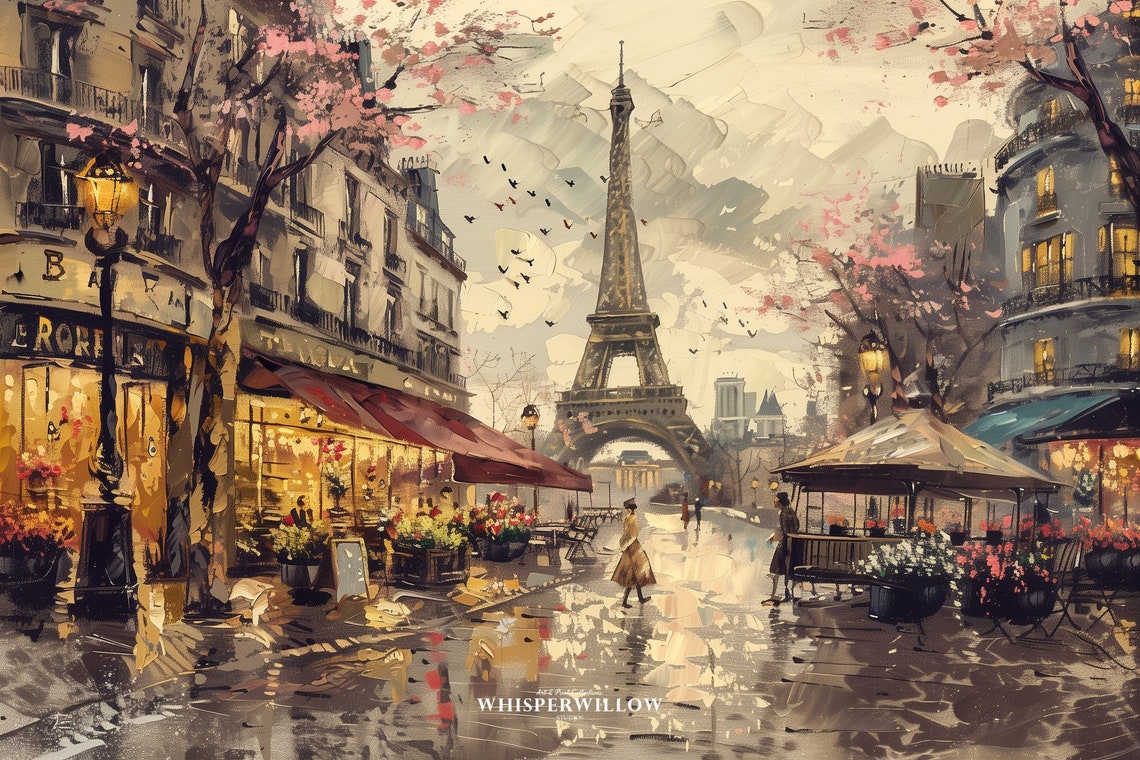 Eiffel Tower Rainy Paris Street With Cafes Romantic Cityscape Poster - Image 6