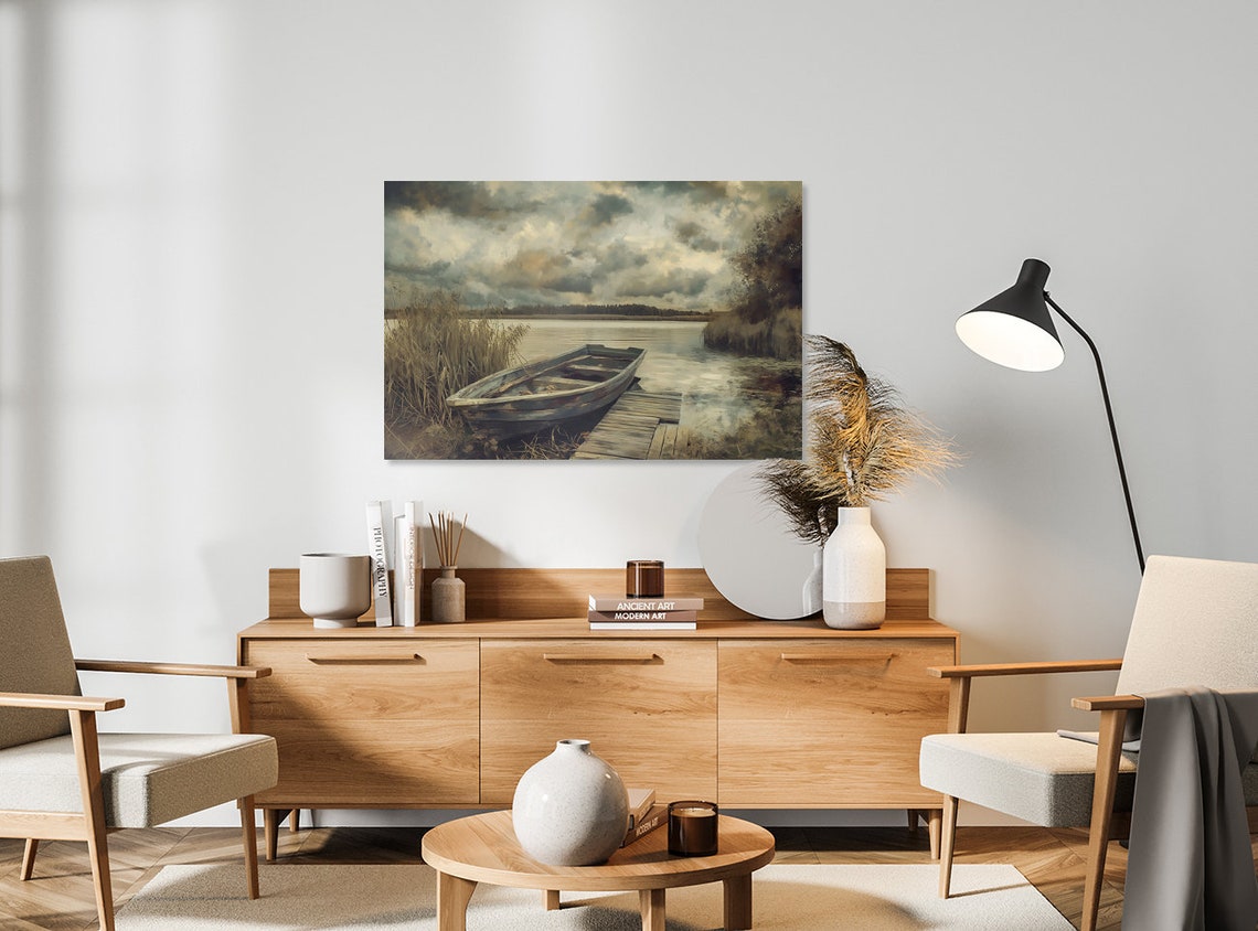Weathered Rowboat At Lakeside Dock Moody Vintage Oil Painting Poster - Image 3