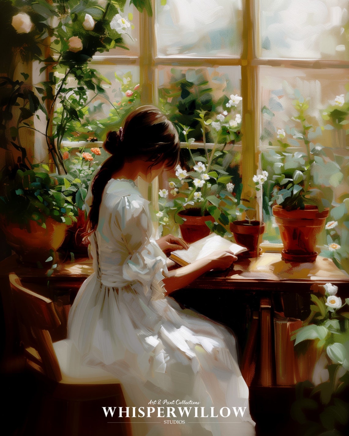 Young Girl Reading Sunny Window Potted Plants Vintage Painting Poster - Image 6
