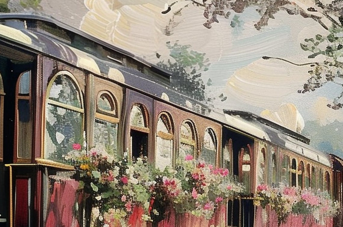 Vintage Red Train with Flower Boxes Crossing Wildflower Meadow Poster - Image 6