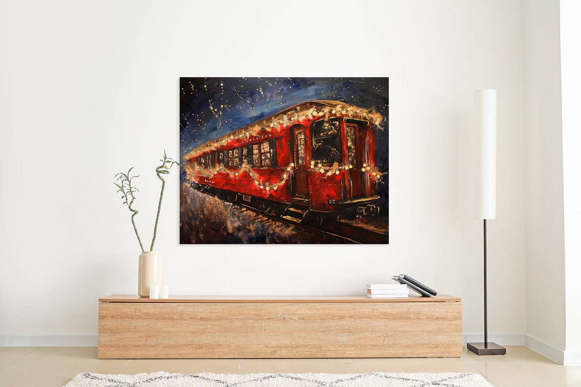 Red Vintage Train Car with Christmas Lights Festive Night Poster - Image 3