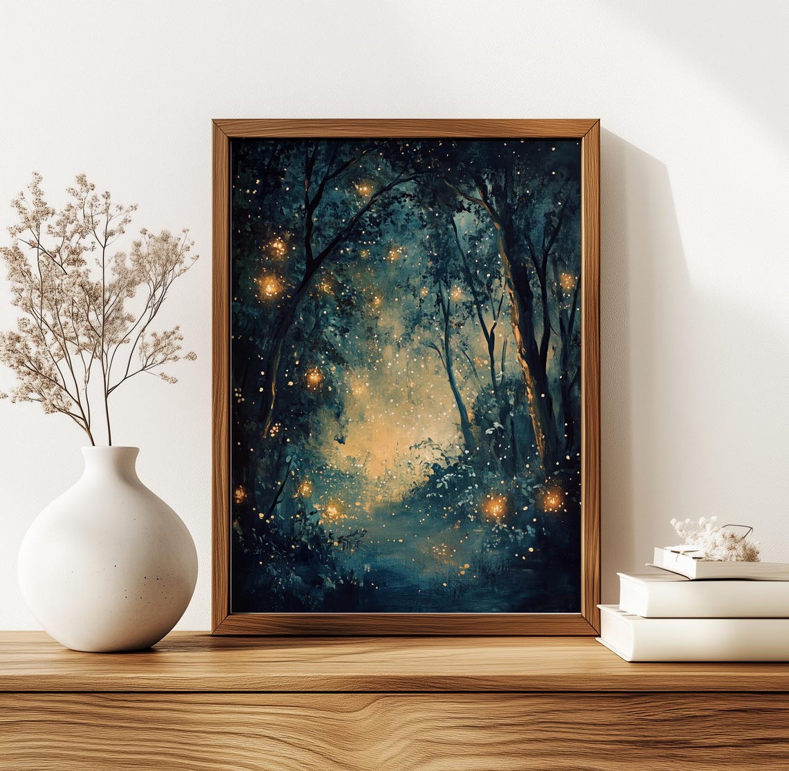 Magical Night Forest with Glowing Fireflies Teal Painting Poster - Image 3