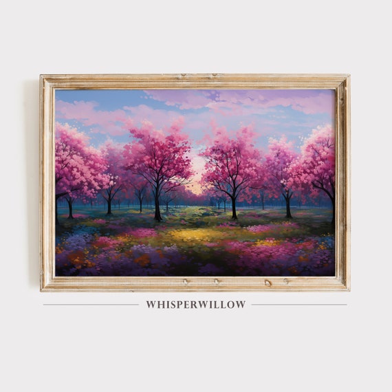 Cherry Blossom Trees Painting, Spring Landscape Art