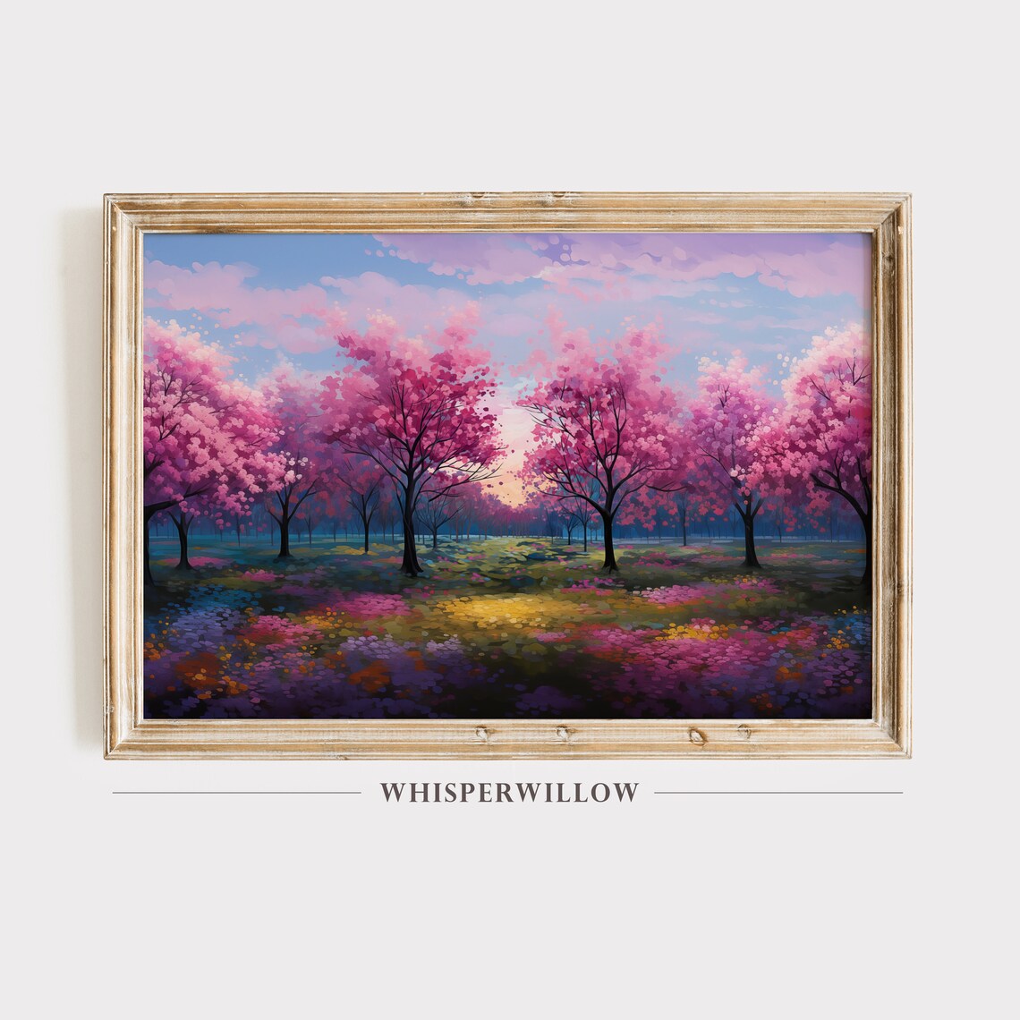 Cherry Blossom Trees Painting, Spring Landscape Art