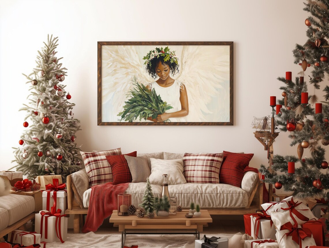 Angelic Christmas Angel Holly Painting Art Print - Image 3