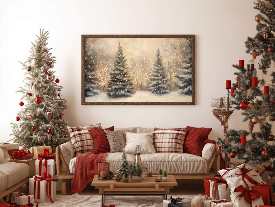 Forest Christmas Tree Lights, Holiday Landscape Art Print - Image 3