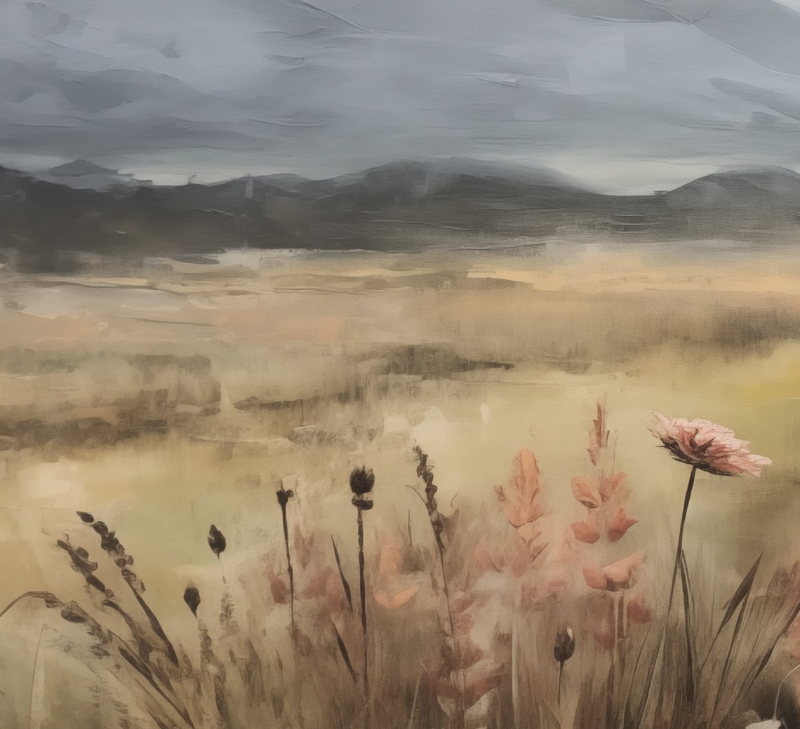 Misty Mountain Meadow with Tall Grasses Moody Landscape Poster - Image 6