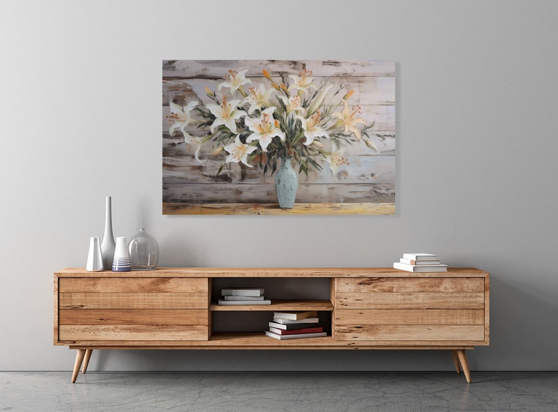 White Easter Lilies Blue Vase Rustic Weathered Wood Floral Poster - Image 3
