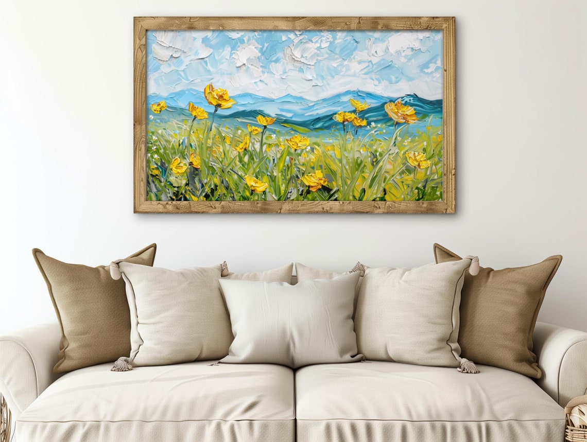 Yellow Buttercup Wildflowers Blue Mountain Impasto Meadow Poster - Image 2
