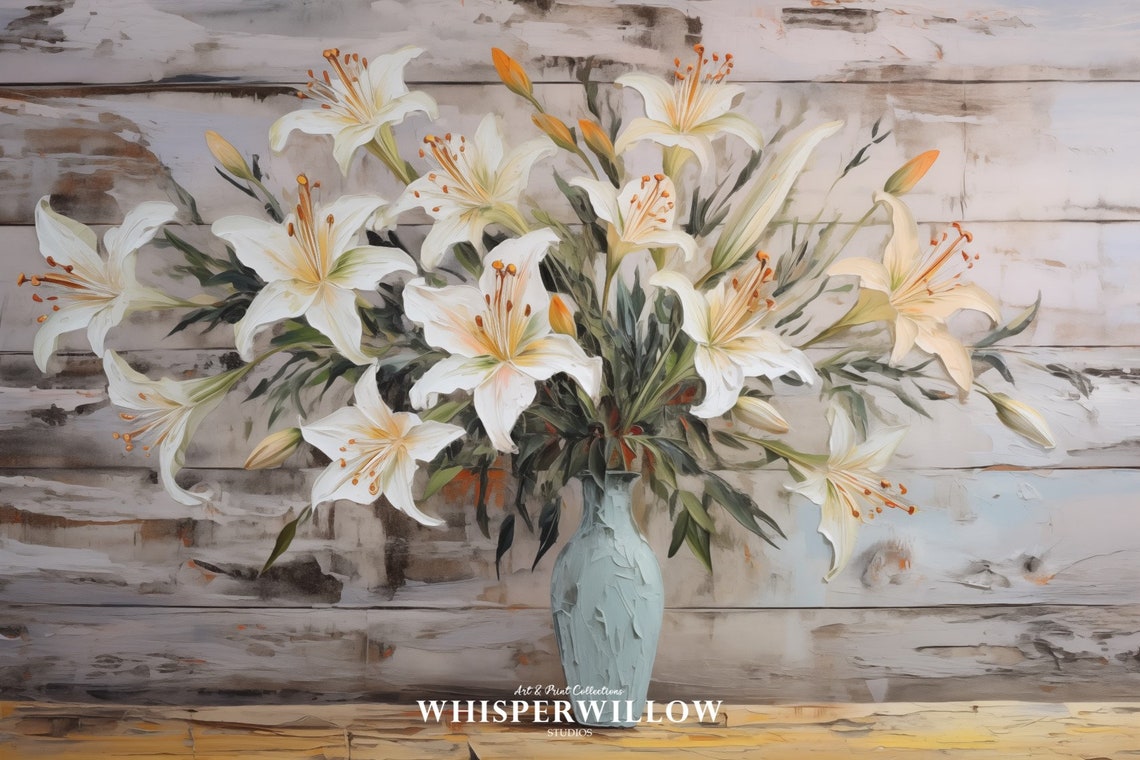 White Easter Lilies Blue Vase Rustic Weathered Wood Floral Poster - Image 6