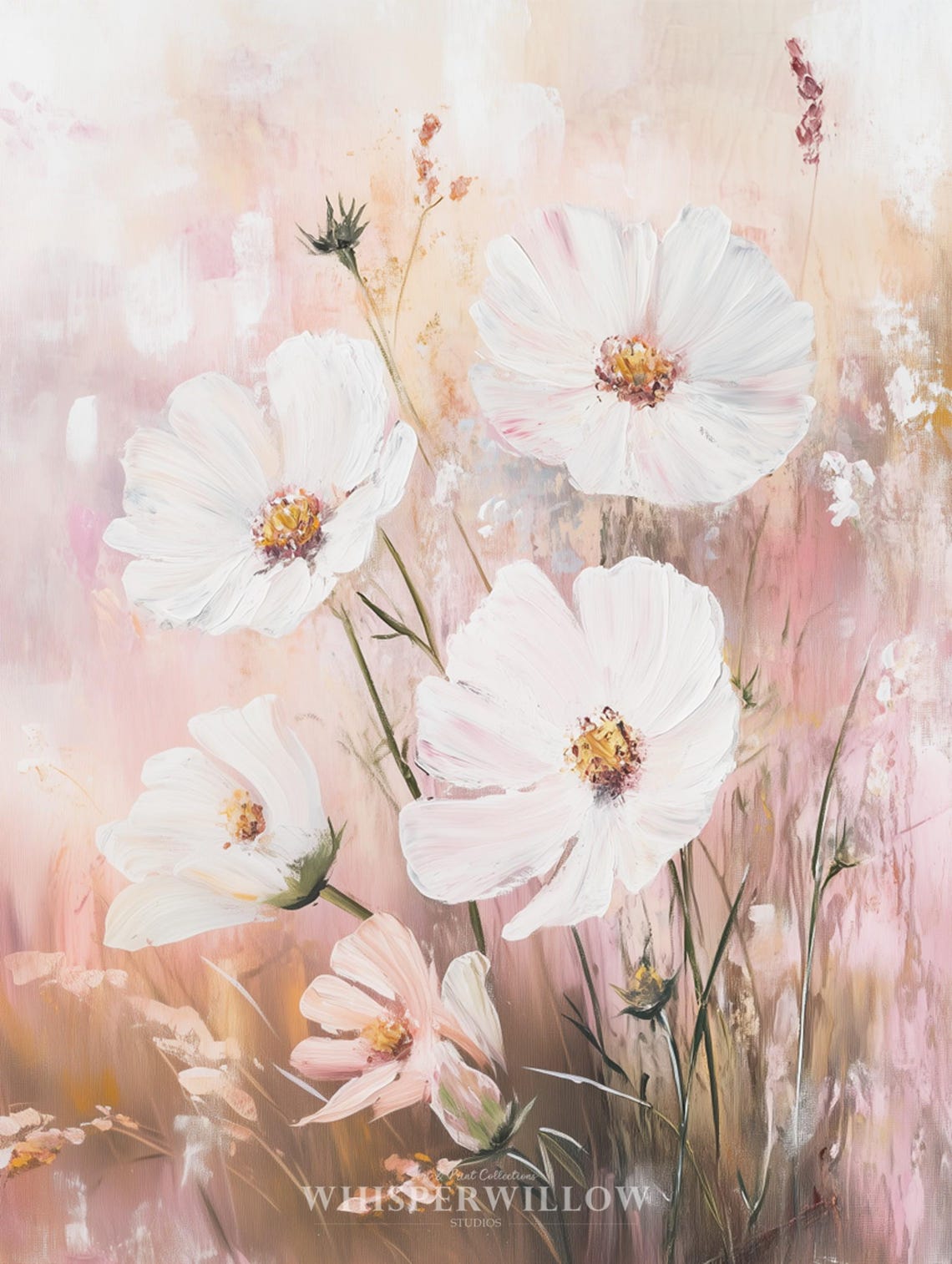 Soft White Cosmos Flowers on Blush Pink Floral Painting Poster - Image 6