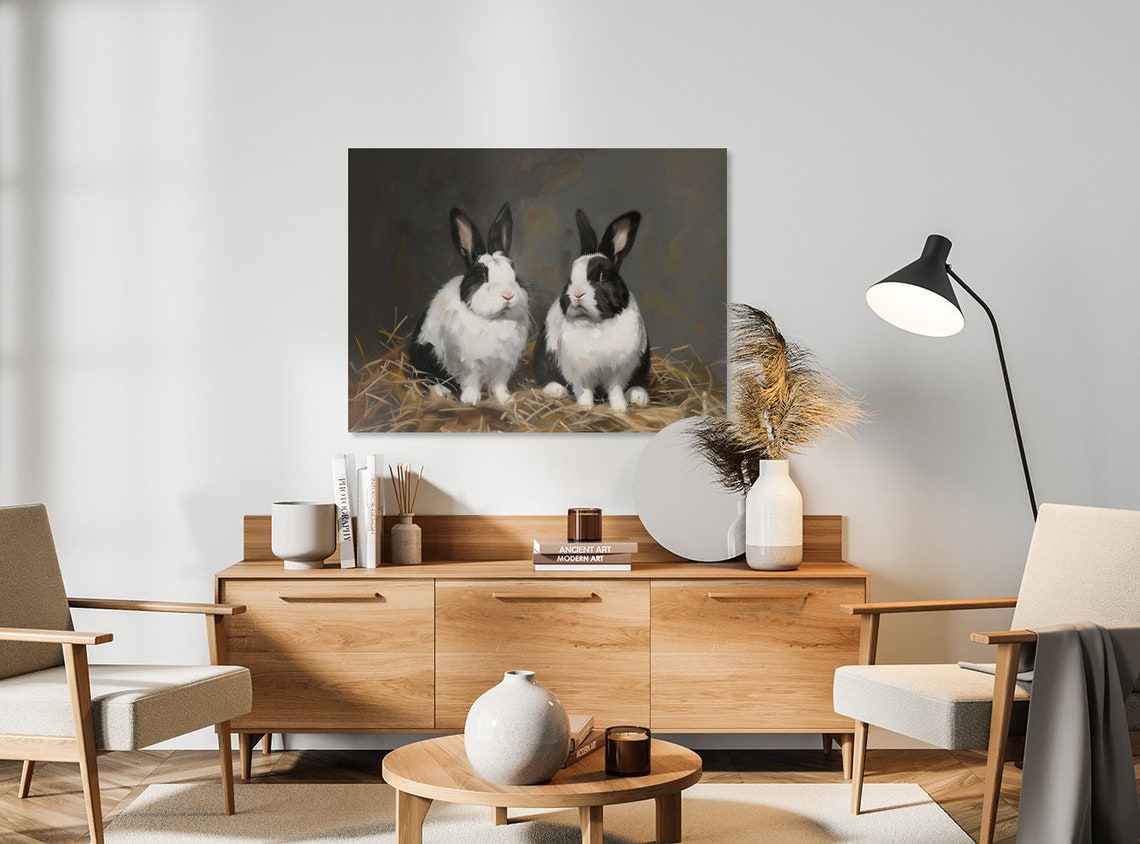 Two Dutch Rabbits in Straw Vintage Black and White Bunny Poster - Image 4