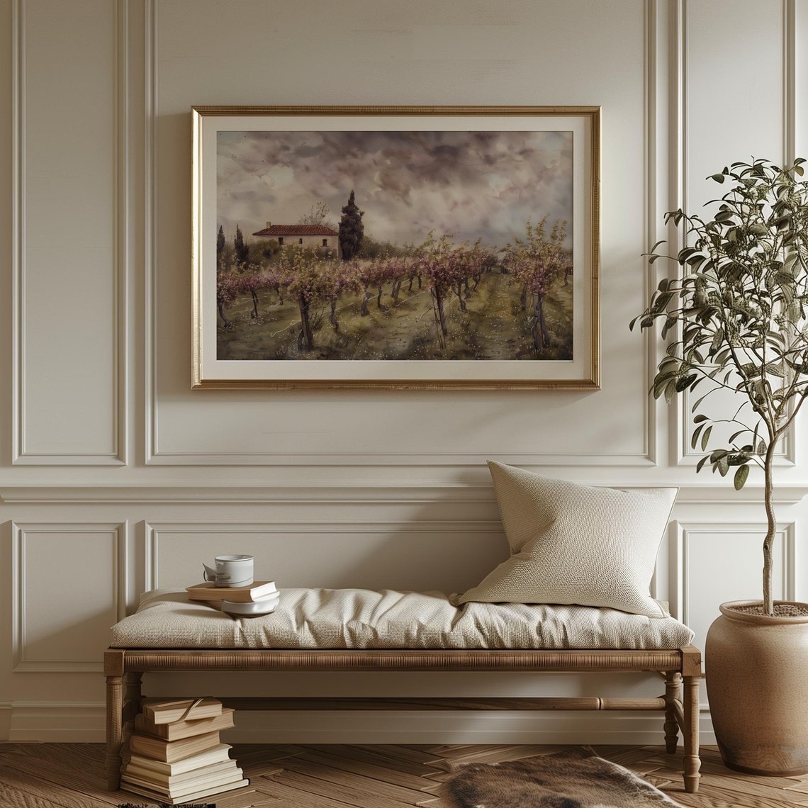 Rustic Italian Farmhouse with Vineyard Under a Stormy Sky Poster - Image 4