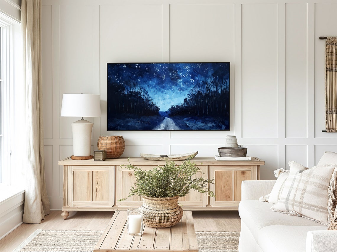 Glittering Starry Night Sky Over Moonlit Snowy Forest Road Poster - Image 3