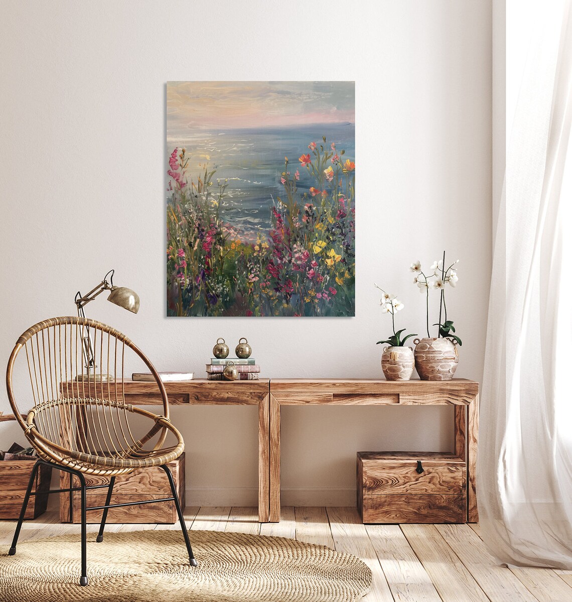 Colorful Wildflowers Overlooking the Sea at Sunset Painting Poster - Image 3