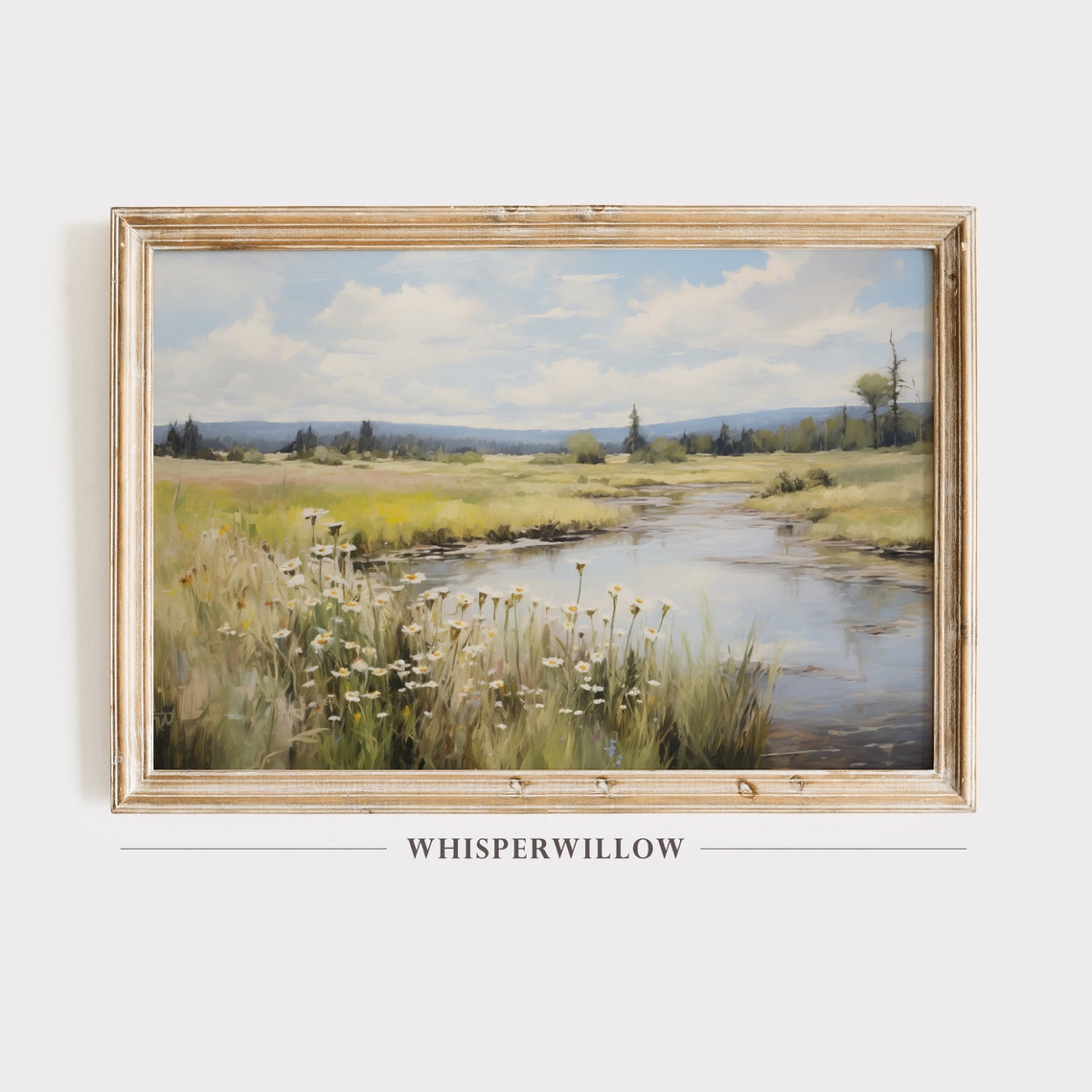 White Daisies Along a Quiet Meadow Stream Painting Art Poster