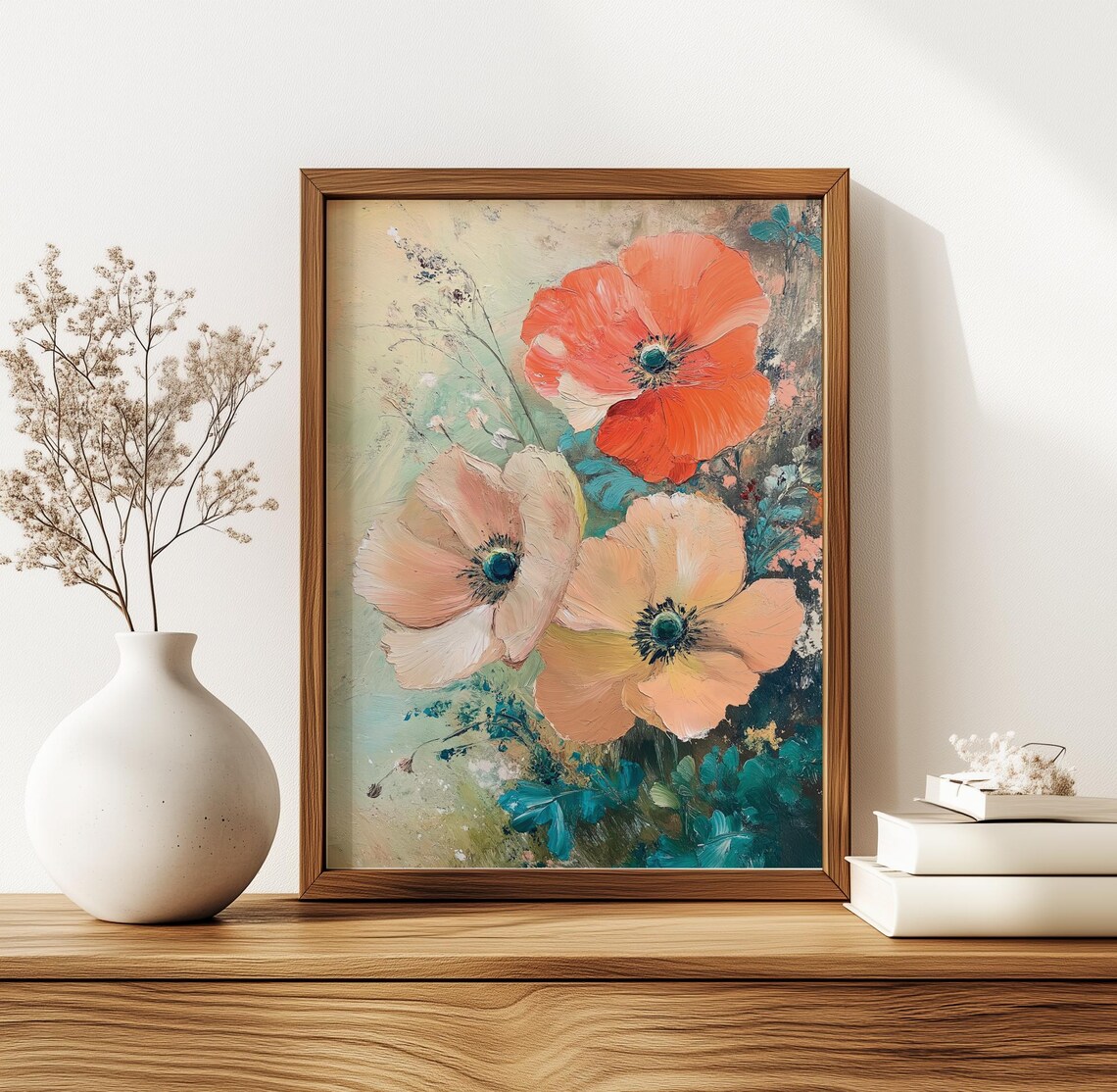 Large Coral and Peach Poppy Flowers Impasto Oil Painting Poster - Image 5