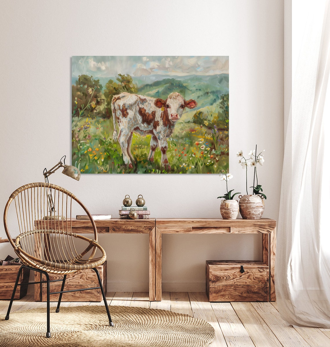 Sweet Brown and White Calf in a Flower Meadow Painterly Poster - Image 5