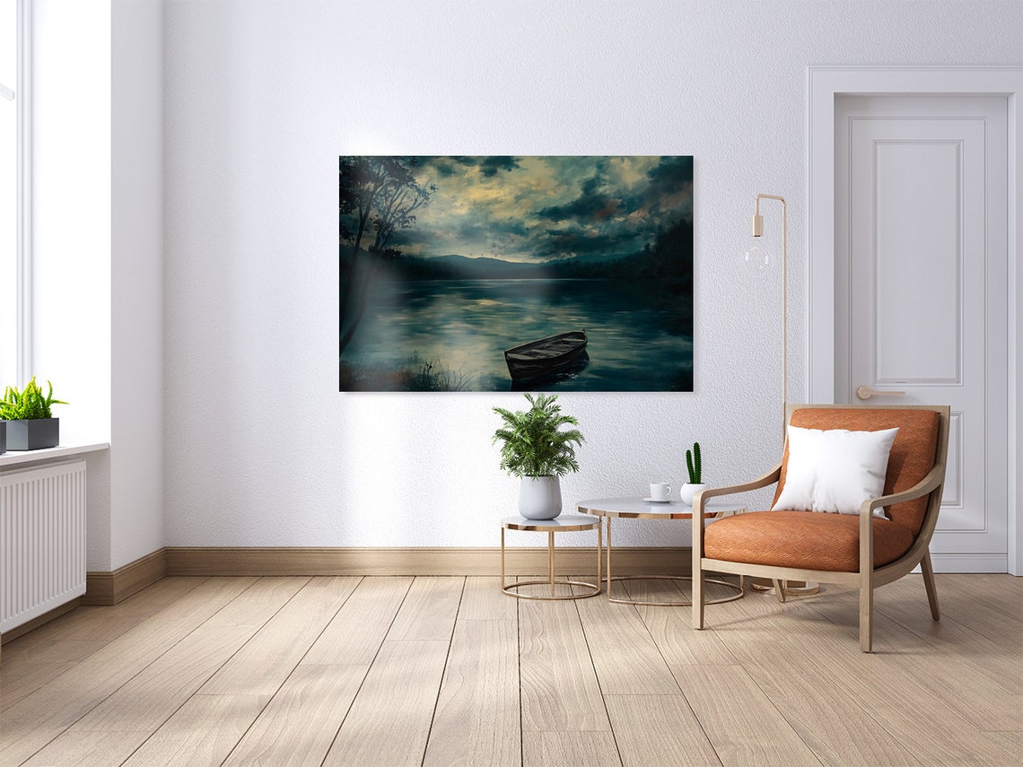Moonlit Lake With Lone Rowboat Dark Moody Night Landscape Poster - Image 3