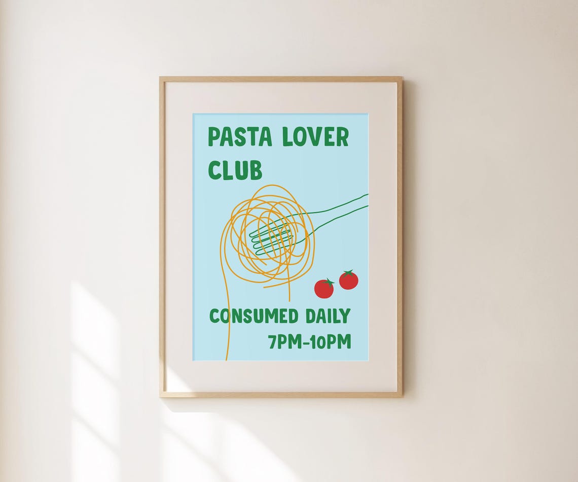 Pasta Lover Club Retro Kitchen Blue Foodie Humor Poster Gift For Chef