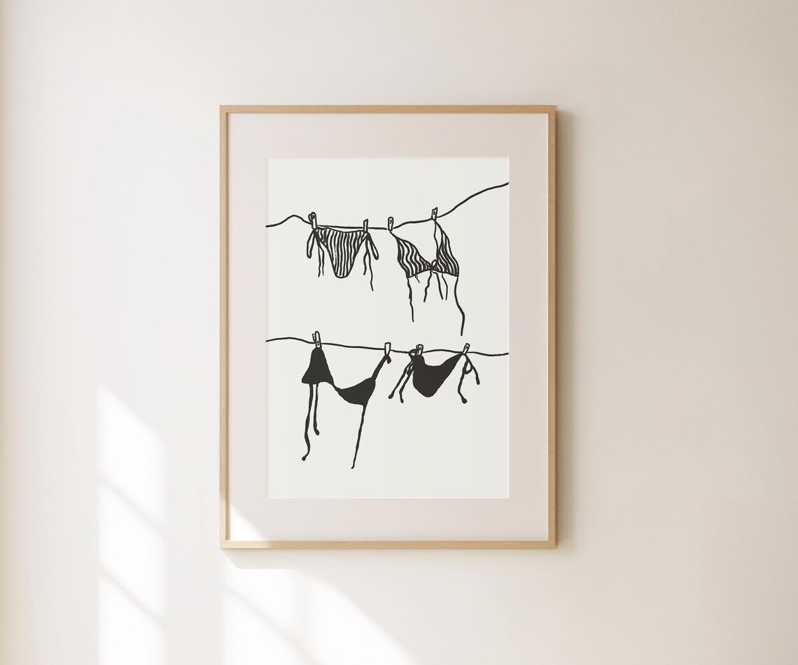 Bikini Clothesline Illustration Black White Minimalist Summer Art Poster