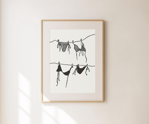 Bikini Clothesline Illustration Black White Minimalist Summer Art Poster