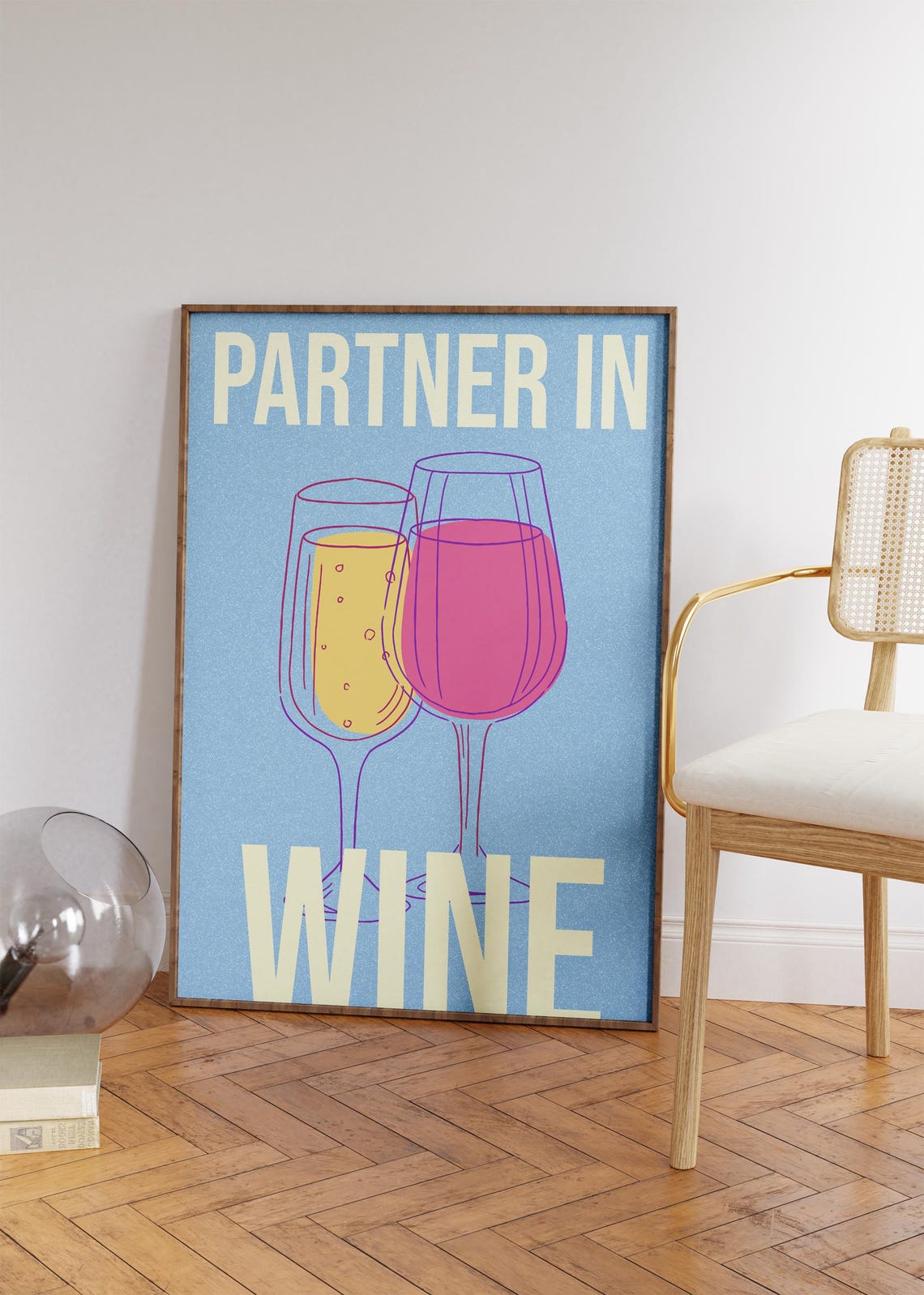 Partner In Wine Blue Bar Cart Art Wine Glasses Funny Wall Poster - Image 4