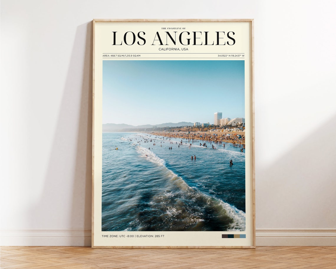 Los Angeles Coastline Crowded Beach Aerial Summer Waves Travel Poster - Image 2