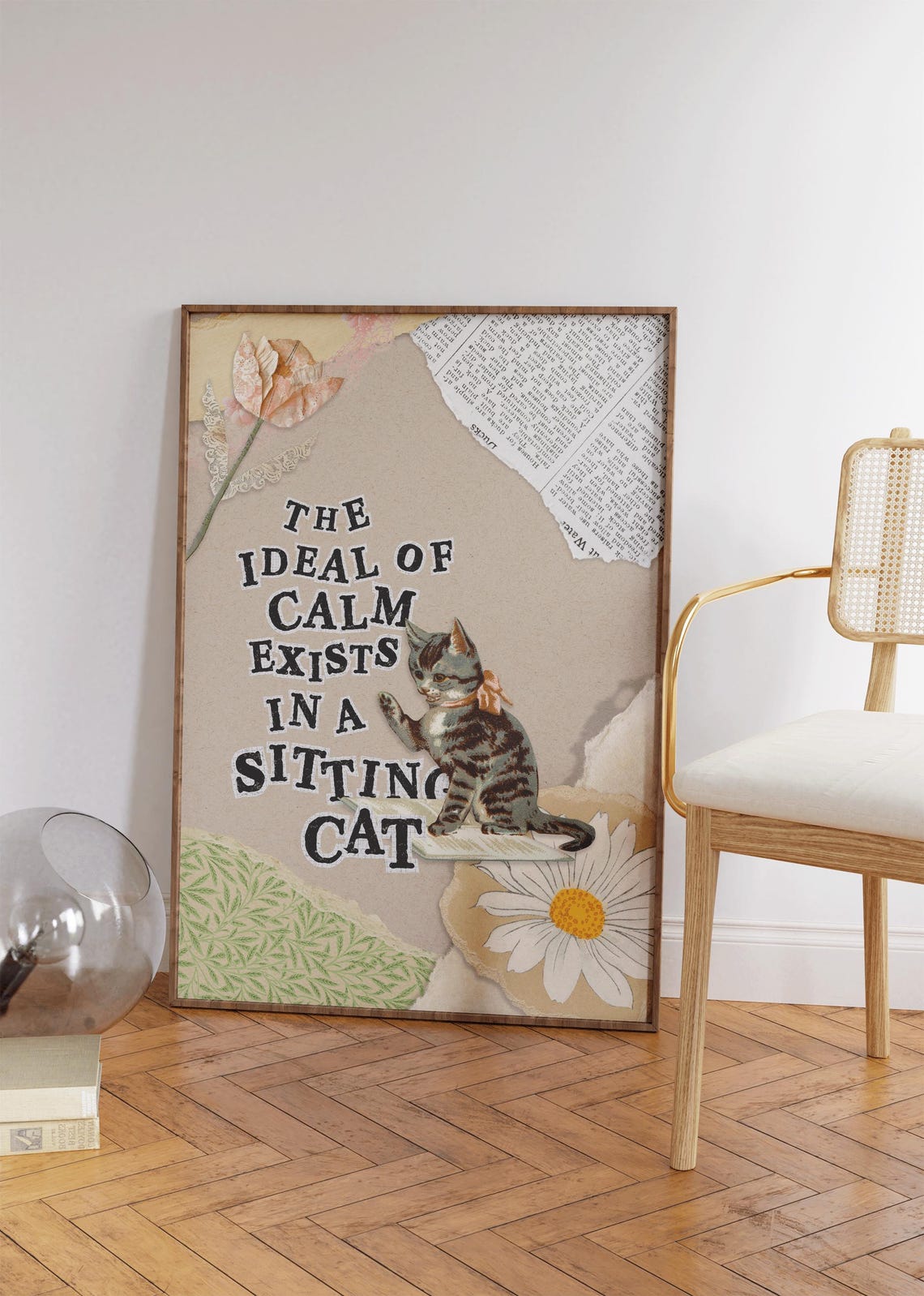 Sitting Cat Calm Quote Vintage Collage Kitten Daisy Animal Art Print - Image 2