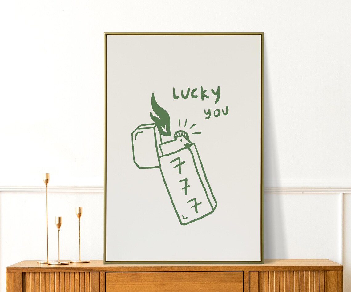 Lucky You 777 Angel Number Lighter Doodle Green Wall Art Print Poster - Image 4